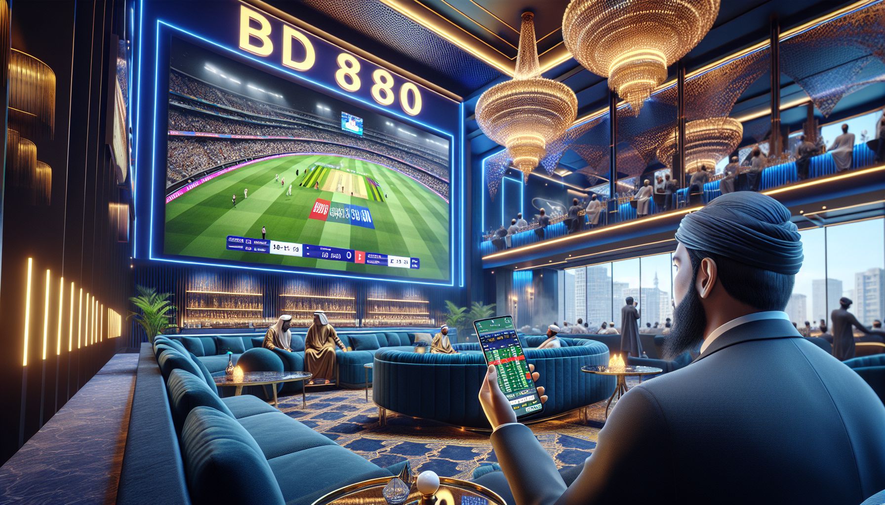Thrilling cricket stadium moment with a bettor following live odds on mobile during an intense match in Bangladesh