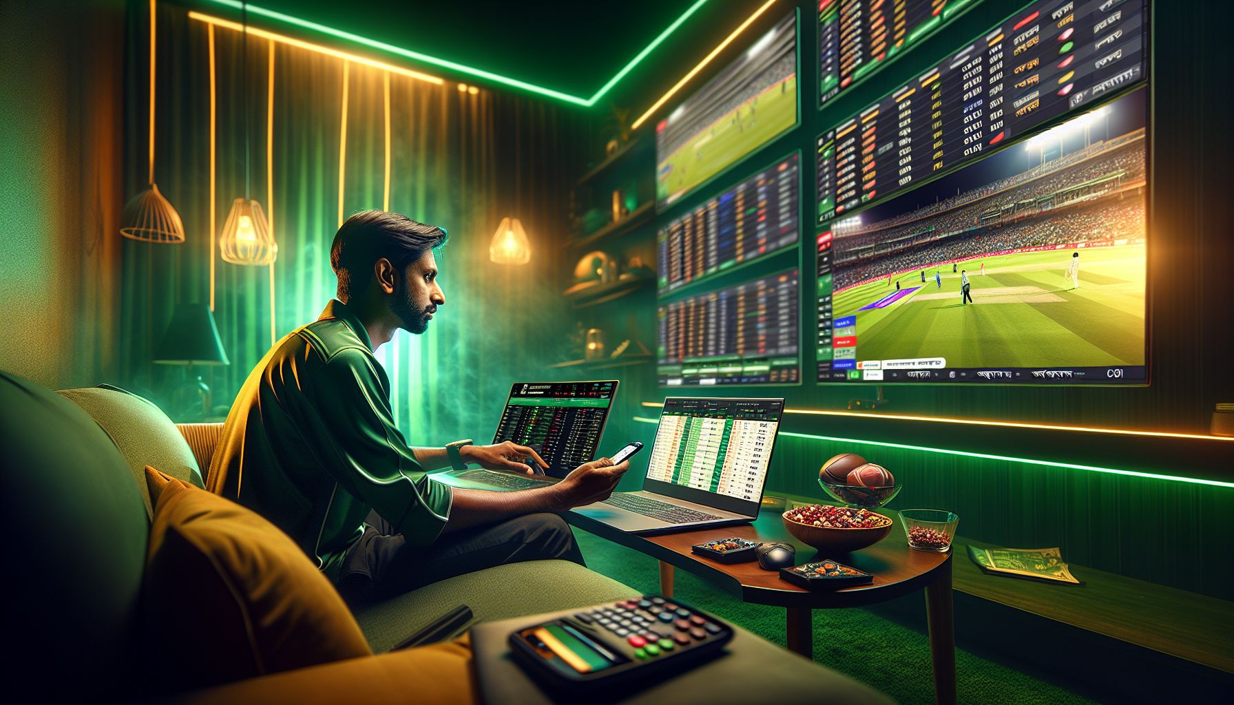 Bangladeshi sports fan using phone and laptop to place live bets while watching a high-pressure match
