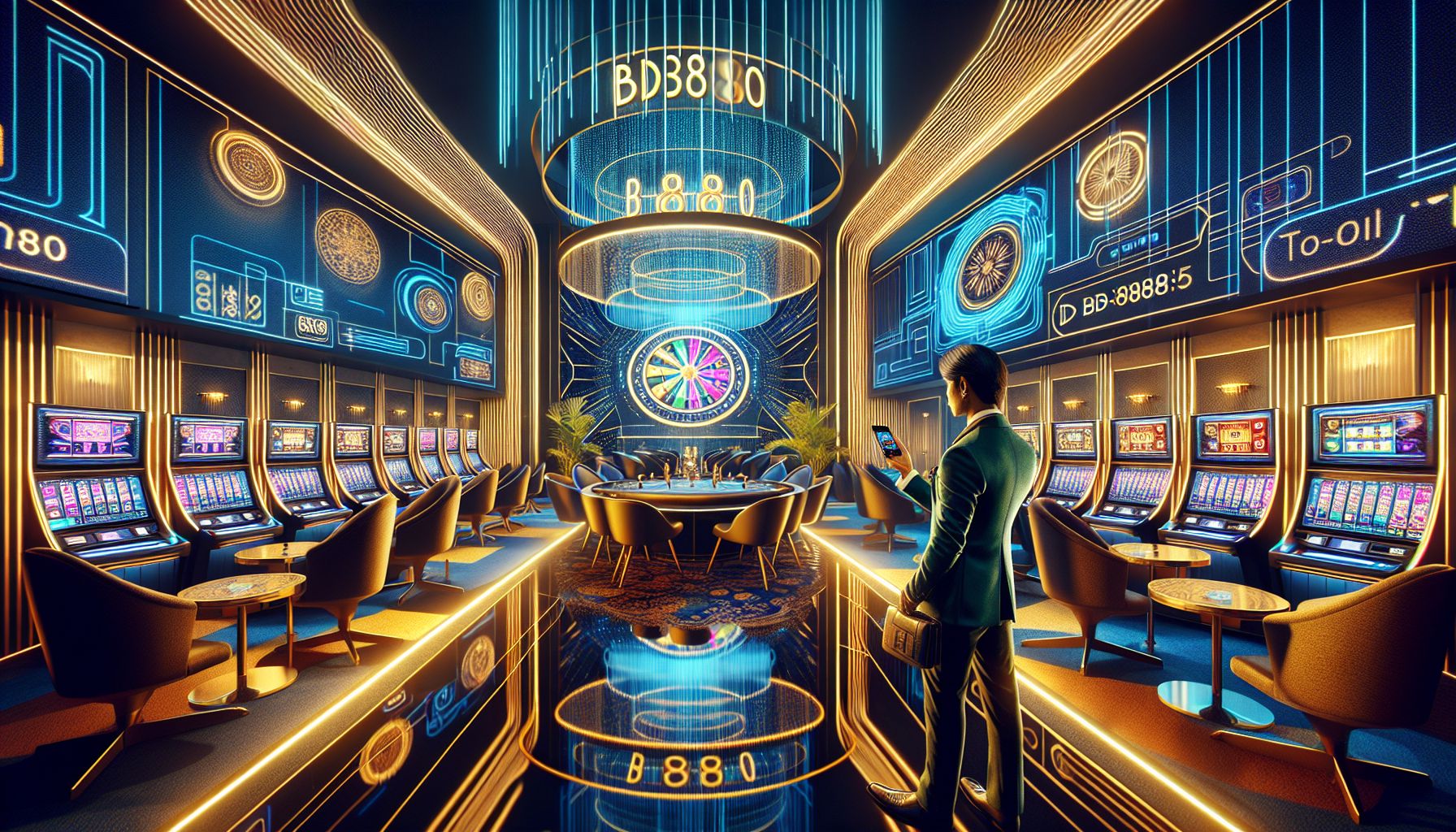 Young Bangladeshi player enjoying bright slot visuals on a smartphone in a modern BD8080 gaming setting