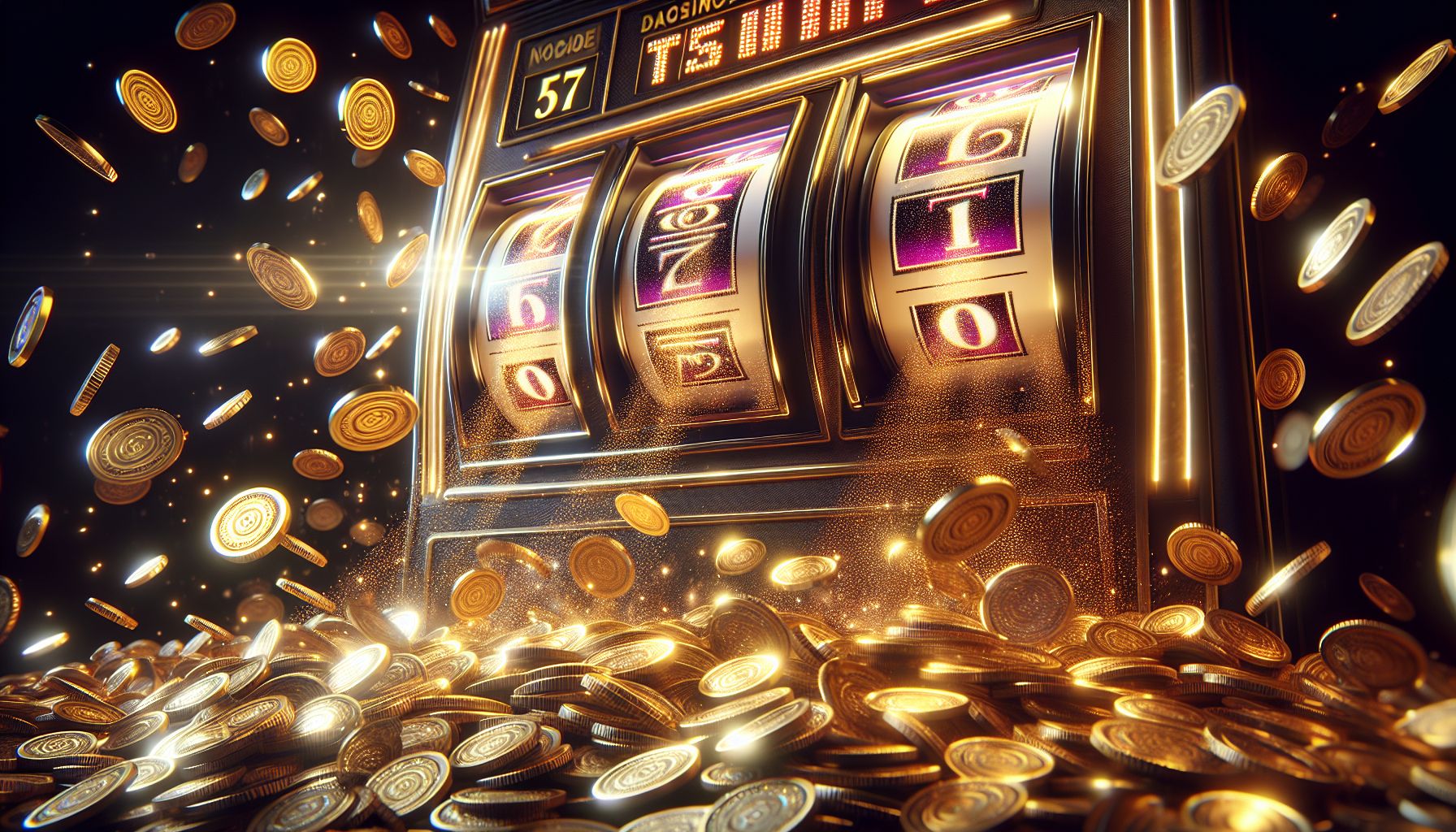 Premium slot reel with glowing lucky symbols and coins flying across a dramatic casino-style background